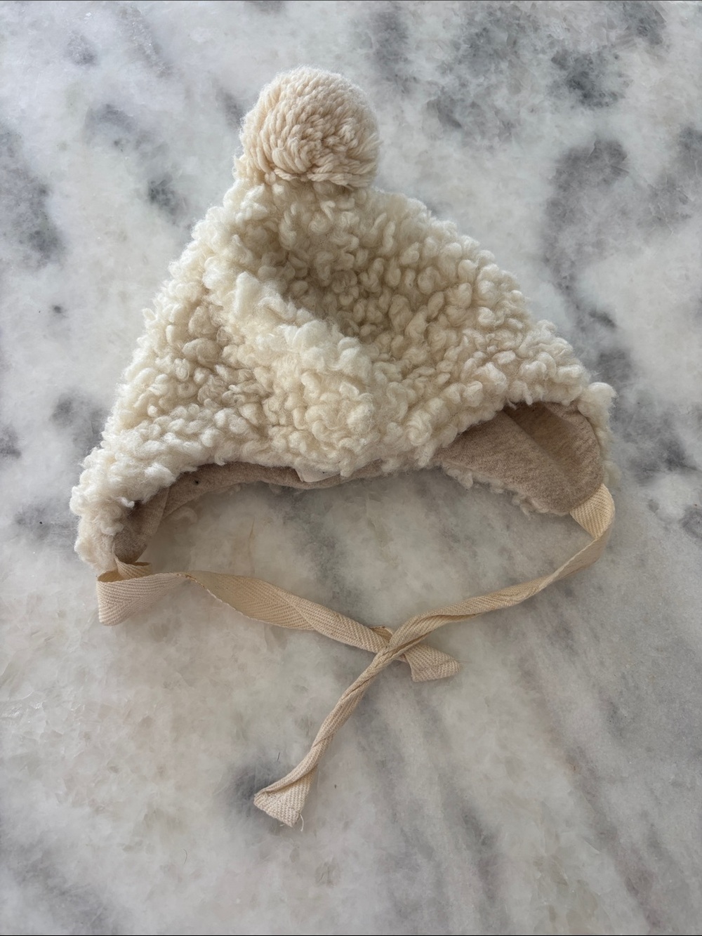 Cream Sherpa Pom Baby Hat with Ties